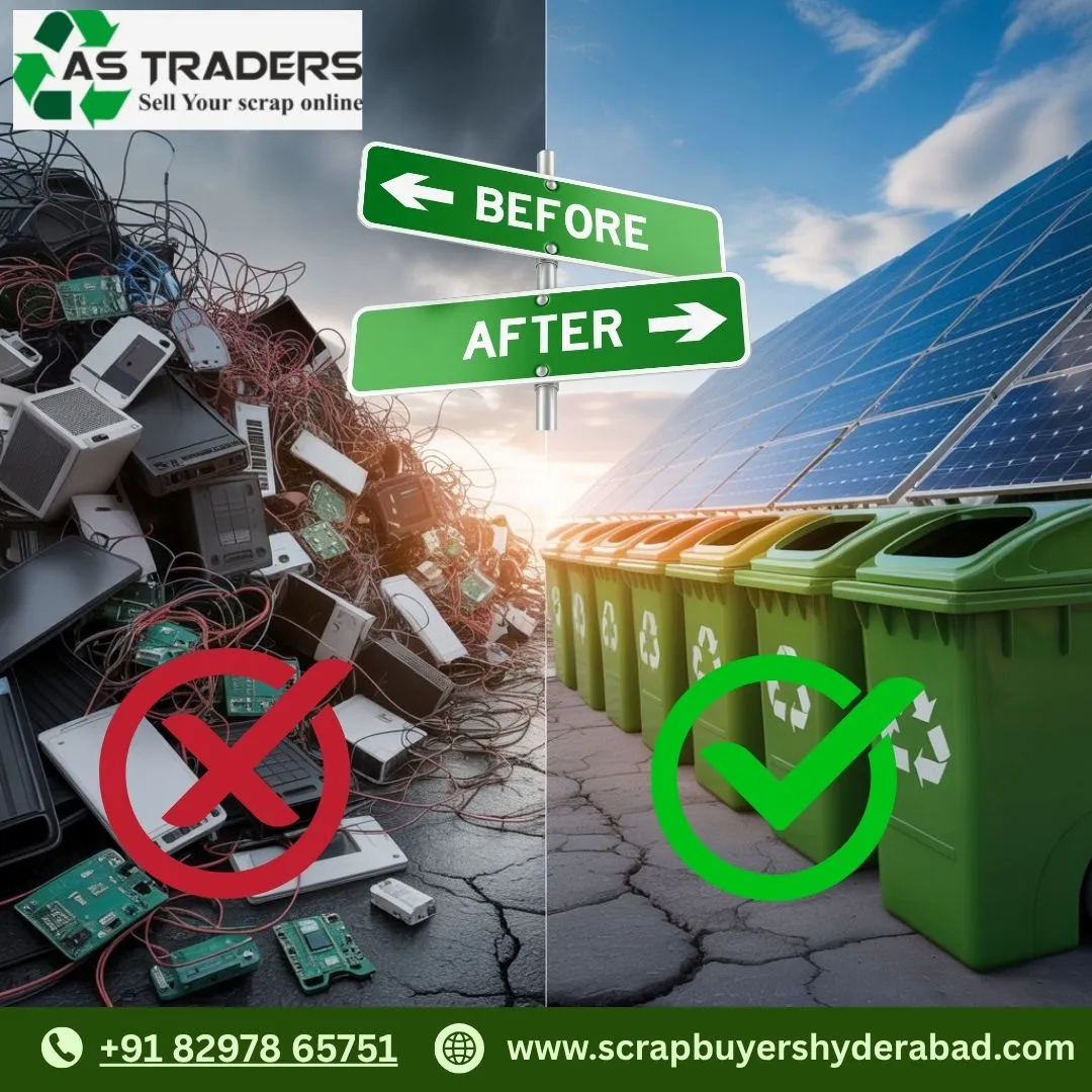 Before and after e-waste junkyard transformation by A S Traders in Hyderabad