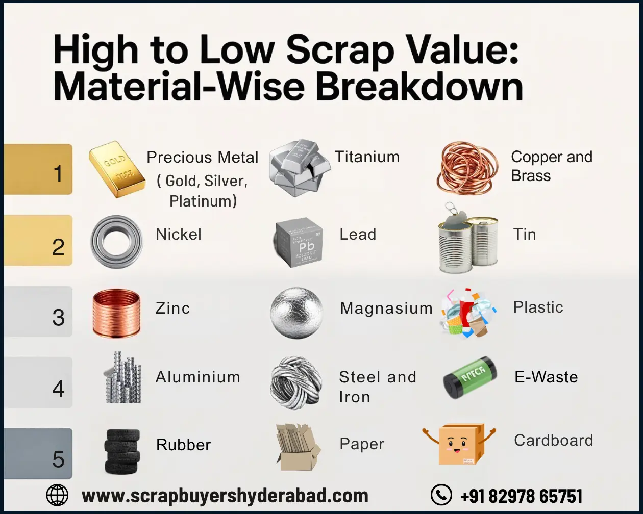 Chart ranking metal and material scrap values from high to low – precious metals, titanium, copper, nickel, aluminum, steel, plastic, e-waste, rubber, paper, and more
