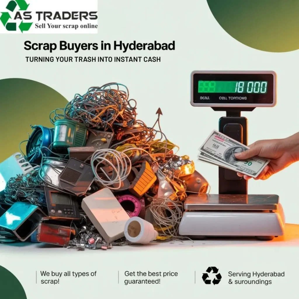 Electronic scrap pile on a weighing scale with a hand holding cash, representing A S Traders – Scrap Buyers in Hyderabad offering best prices for all types of scrap materials.