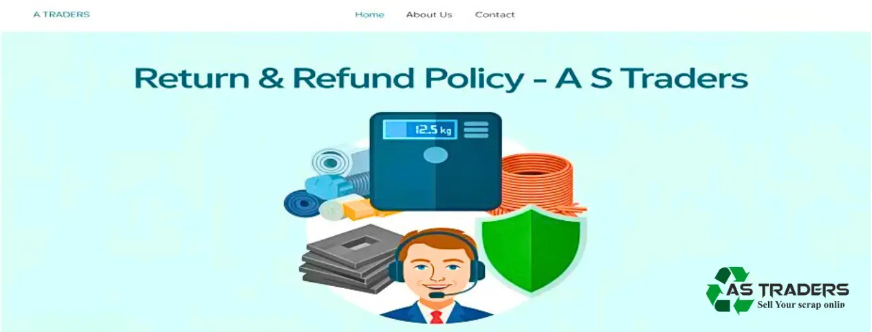 Illustration showing scrap metal, digital weighing scale, shield icon, and customer support - representing A S Traders Scrap Return Policy in Hyderabad.