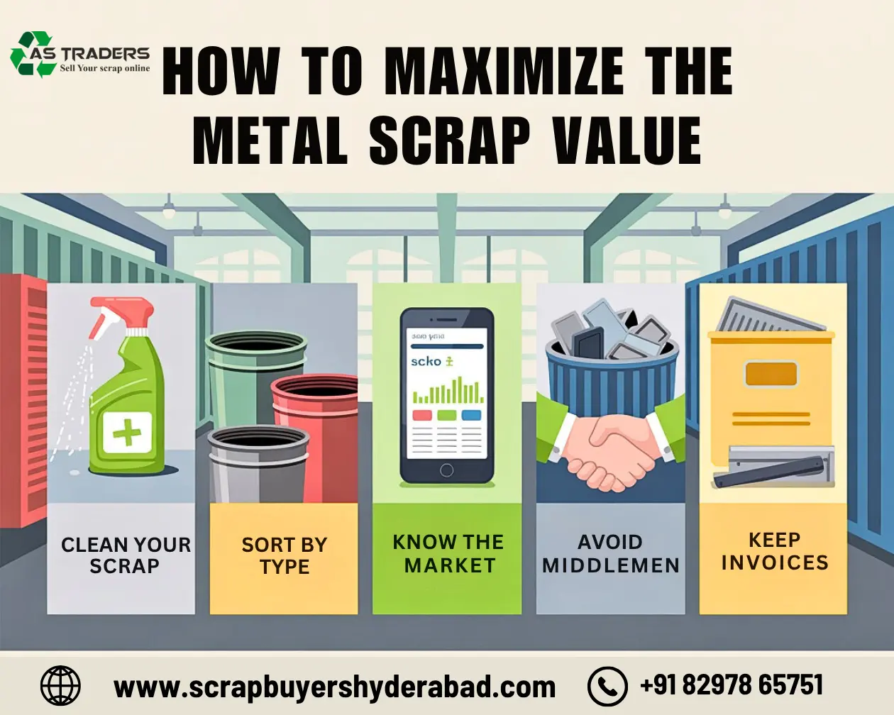 Infographic showing 5 tips to maximize metal scrap value – clean your scrap, sort by type, know the market, avoid middlemen, and keep invoices - from AS Traders