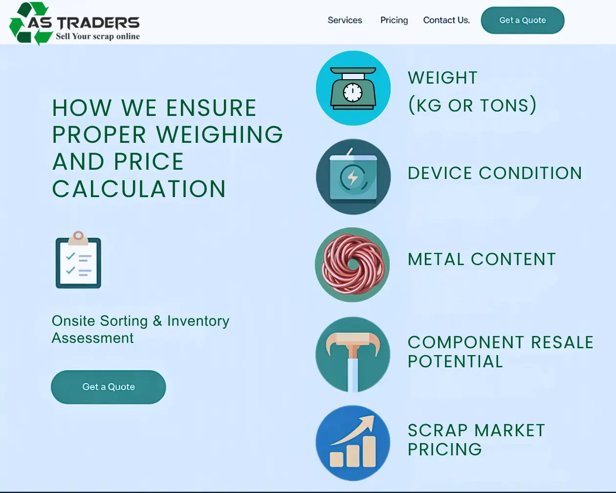How A S Traders calculates bulk e-waste scrap prices based on weight, device condition, metal content, and resale value for computer scrap in Hyderabad