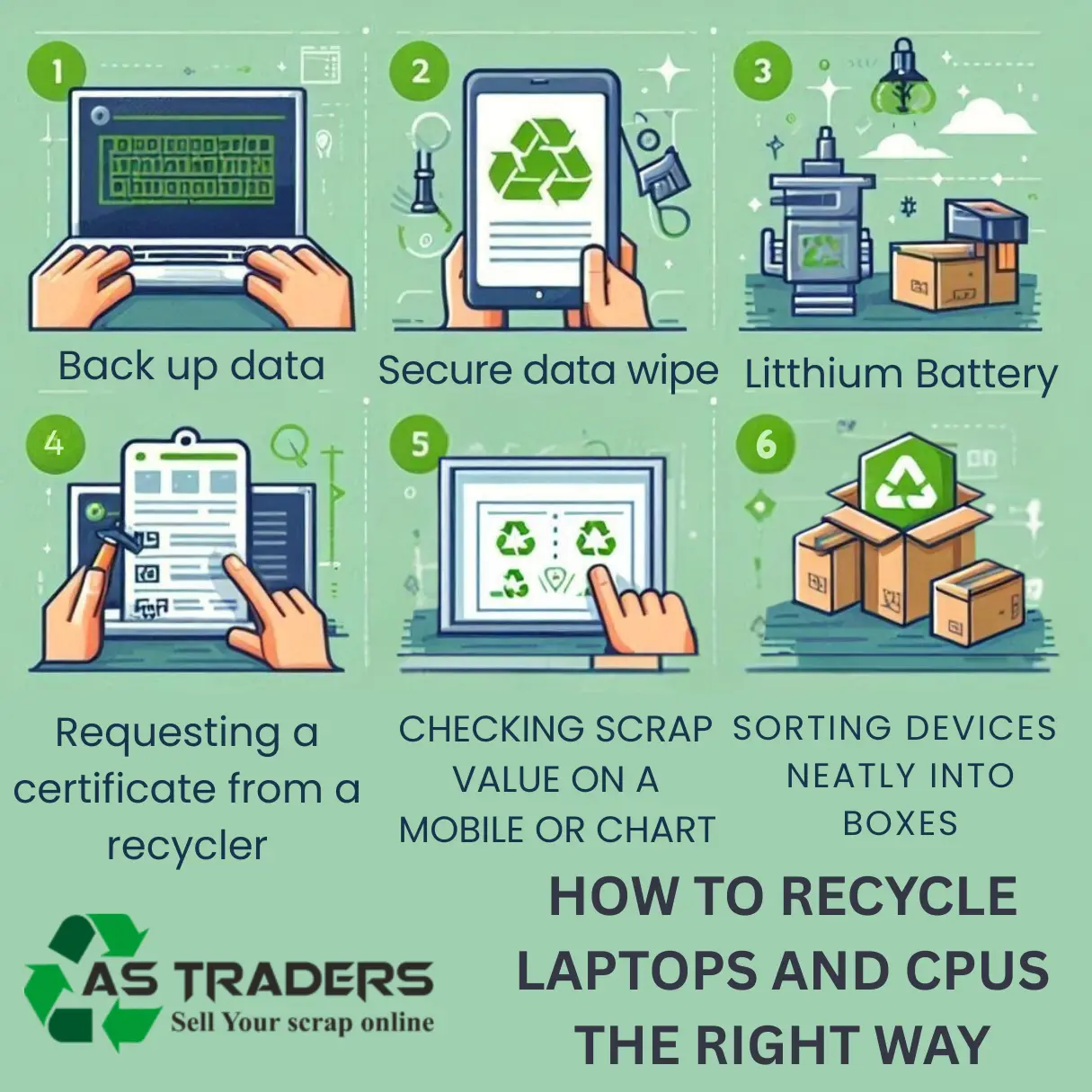 Step-by-step guide to recycle laptops and CPUs the right way including data backup, secure wipe, battery removal, scrap value check, and organized sorting - AS Traders 