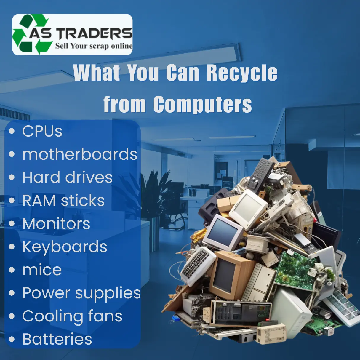 List of recyclable computer components including CPUs, motherboards, hard drives, RAM, and monitors - AS Traders scrap buyers Hyderabad
